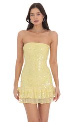 Picture Sequin Mesh Strapless Bodycon Dress in Yellow. Source: https://media-img.lucyinthesky.com/data/Oct24/150xAUTO/1d44bc33-aede-4e67-9cad-84d05431e1e7.jpg