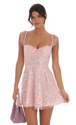 Picture Sequin Ruffle Strap A-Line Dress in Pink. Source: https://media-img.lucyinthesky.com/data/Oct24/150xAUTO/31a16010-cd20-40a3-8c82-19f00b242e05.jpg