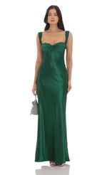 Picture Satin Lace-Bust Dress in Green. Source: https://media-img.lucyinthesky.com/data/Oct24/150xAUTO/5590939d-1283-4881-9966-3f365d0647ce.jpg