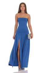 Picture Strapless Drop Waist Maxi Dress in Blue. Source: https://media-img.lucyinthesky.com/data/Oct24/150xAUTO/6dfb3f9c-9b50-4733-abf9-290f7372a2ae.jpg