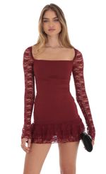 Picture Lace Ruffle Bodycon Dress in Maroon. Source: https://media-img.lucyinthesky.com/data/Oct24/150xAUTO/7ab9f7dd-273e-4258-a7f2-54ca1a7f975f.jpg