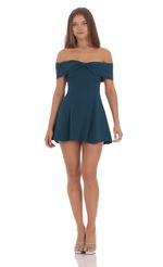 Picture Front Bow Off Shoulder Dress in Aqua Blue. Source: https://media-img.lucyinthesky.com/data/Oct24/150xAUTO/80080501-455c-45ed-9eca-9bc25aebe48e.jpg