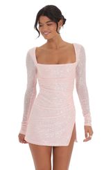 Picture Sequin Long Sleeve Side Slit Dress in Light Pink. Source: https://media-img.lucyinthesky.com/data/Oct24/150xAUTO/8228fe8a-28a3-4a0c-9dae-fc6a01917d7f.jpg