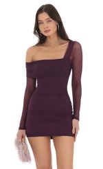 Picture Mesh One Off Shoulder Long Sleeve Dress in Purple. Source: https://media-img.lucyinthesky.com/data/Oct24/150xAUTO/87b8578a-c7c3-4bf9-a87d-9b523b7204e5.jpg