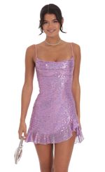 Picture Sequin Ruffled Slit Dress in Lavender. Source: https://media-img.lucyinthesky.com/data/Oct24/150xAUTO/944b1f6f-c838-42ea-a3e4-08f18711ee27.jpg