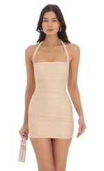 Picture Shimmer Ruched Bodycon Dress in Nude Gold. Source: https://media-img.lucyinthesky.com/data/Oct24/150xAUTO/ddfa7de2-b16a-438e-b0ca-594ba00411c6.jpg