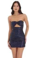 Picture Strapless Sequin Cutout Bodycon Dress in Magenta. Source: https://media-img.lucyinthesky.com/data/Oct24/150xAUTO/f5bdda80-5f6d-427a-90f6-0305c57b447a.jpg