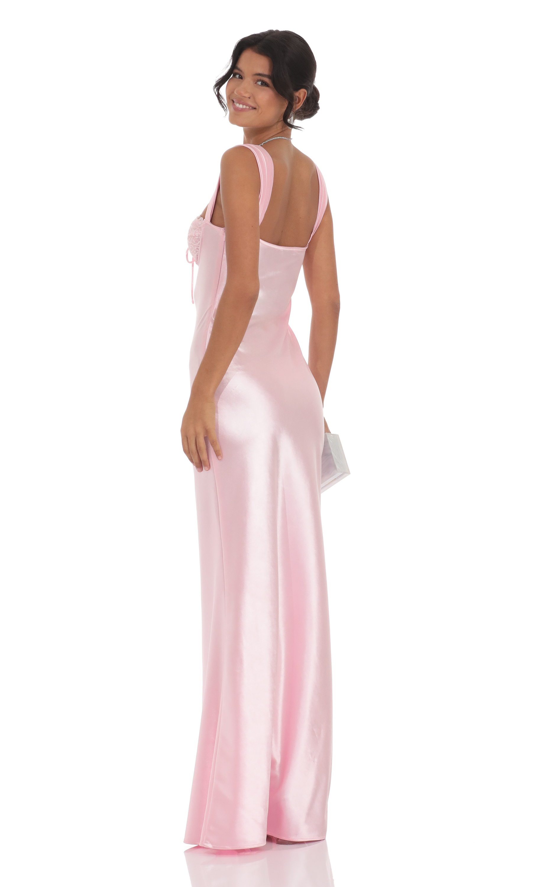 lucy in the sky satin lace up dress Satin Lace Maxi Dress in Black