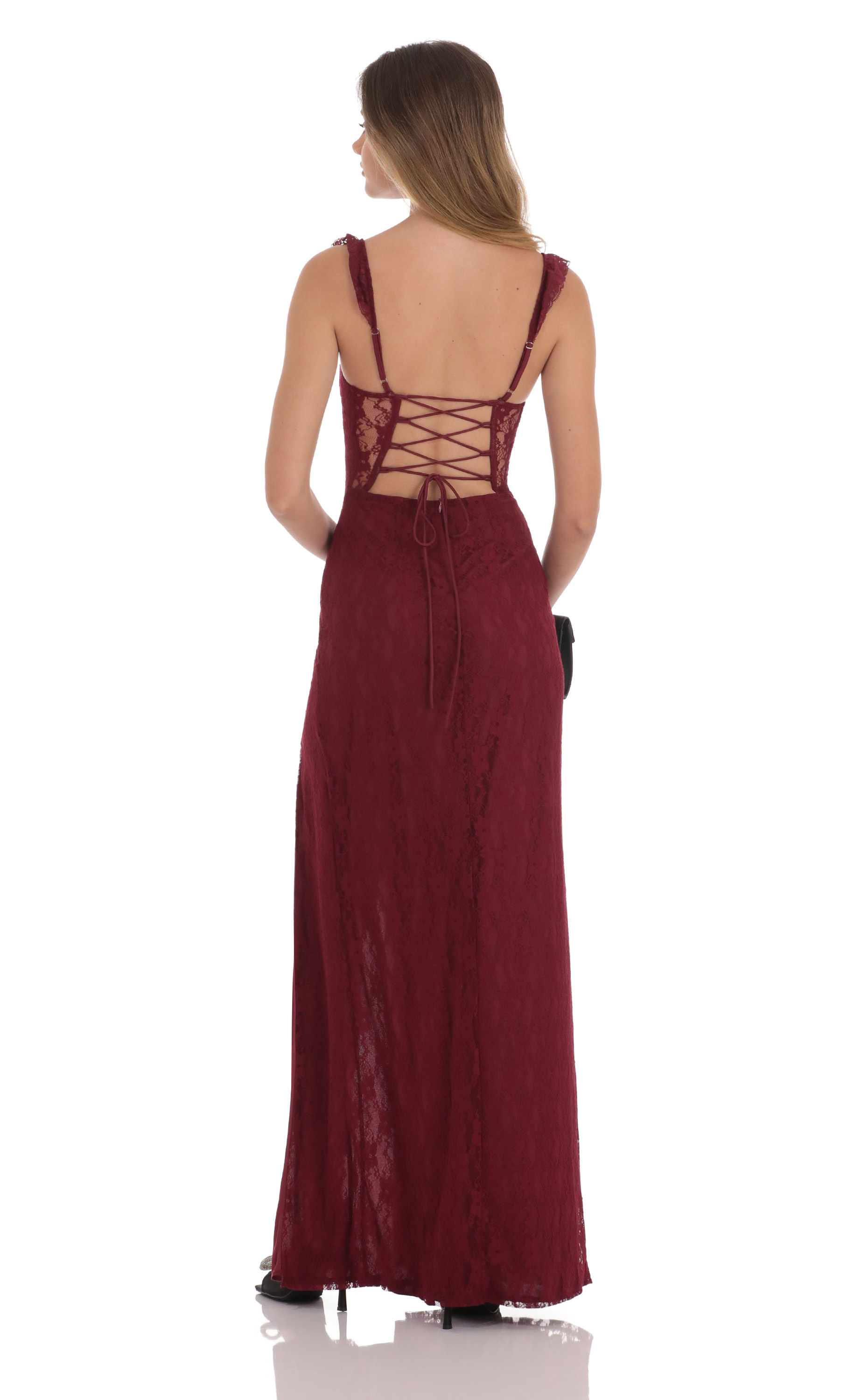 princess polly baby blue dress Lace Ruffle Strap Maxi Dress In Wine