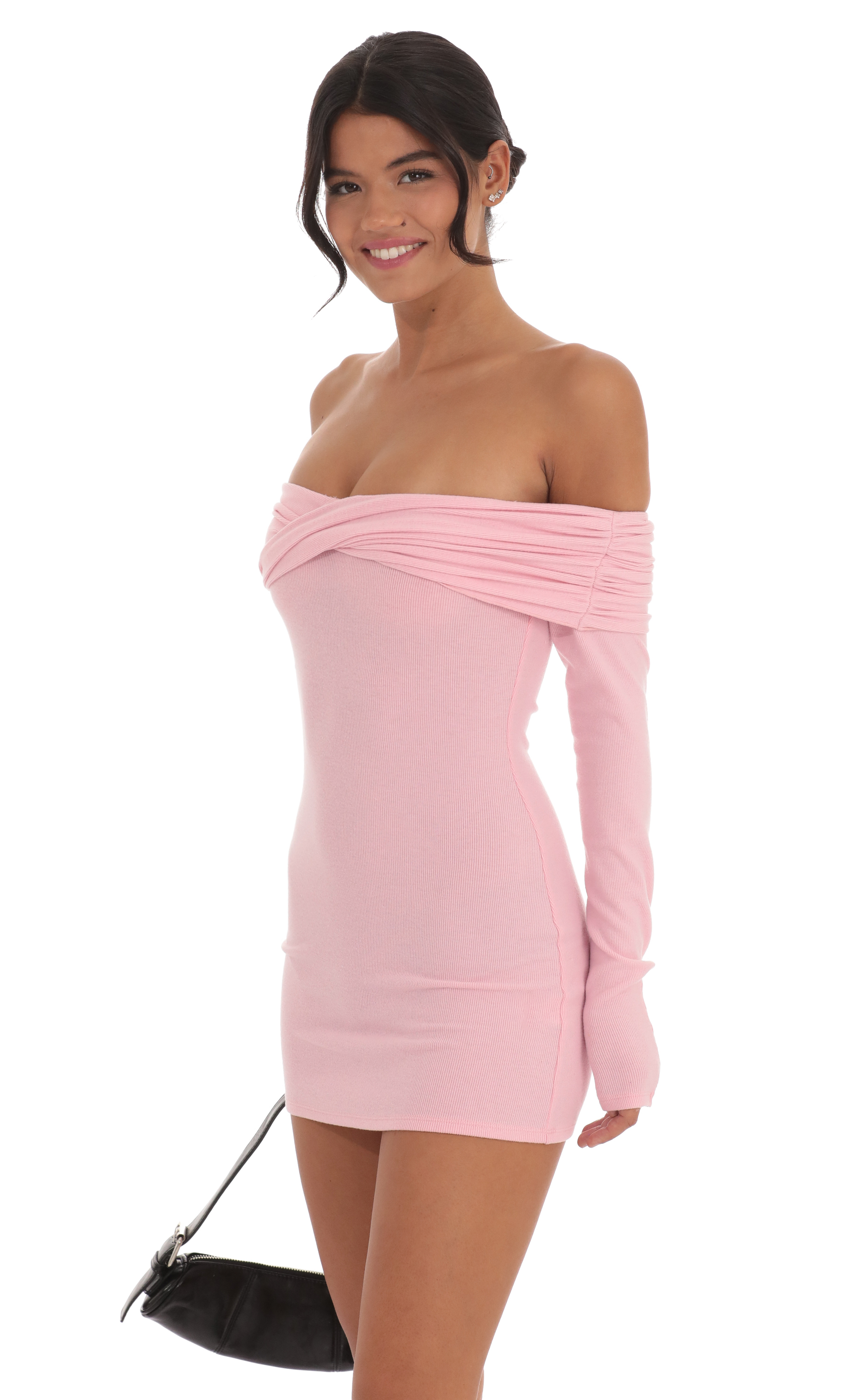 Twist Ribbed Off Shoulder Sweater Dress in Pink Twist Ribbed Off Shoulder Sweater Dress in Pink