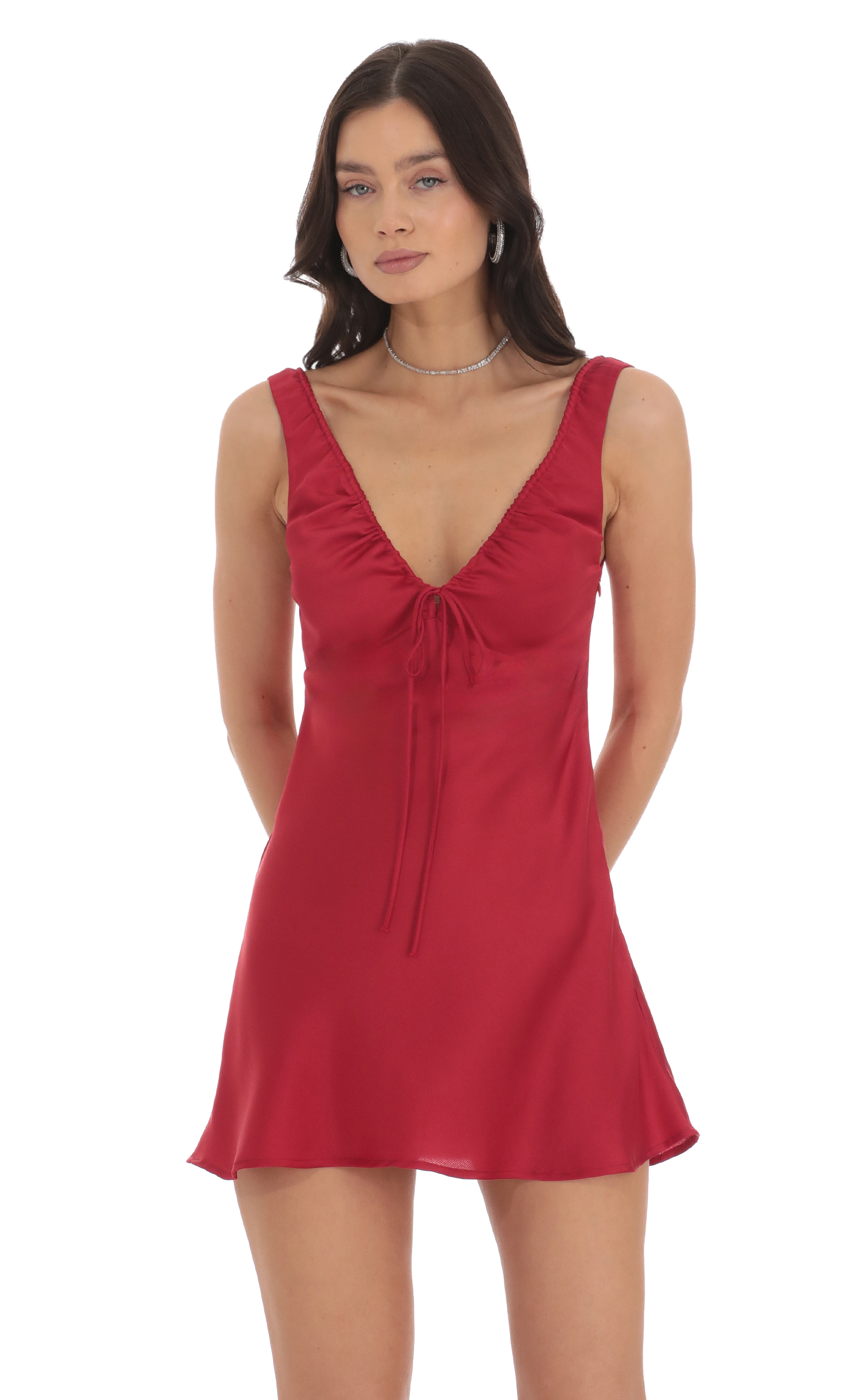 Satin V-Neck Dress in Red