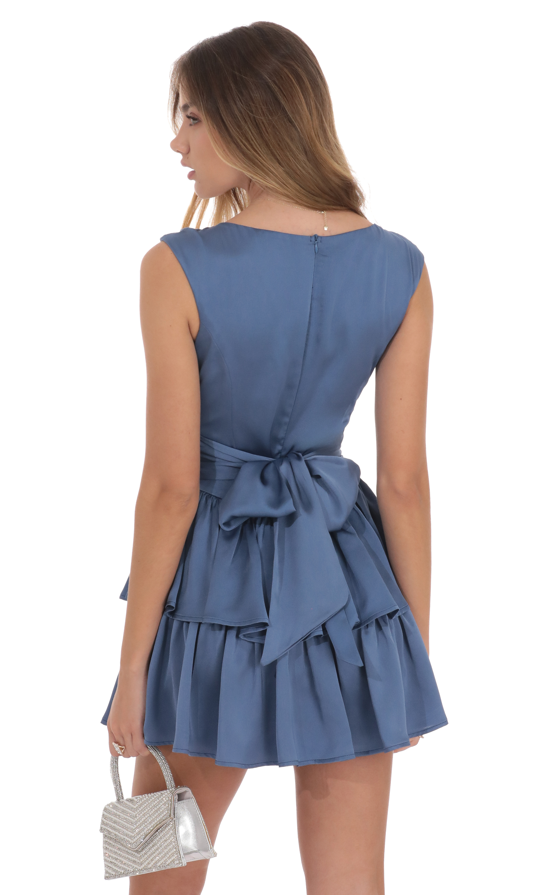 Satin Wide Strap Ruffle Dress in Denim Blue