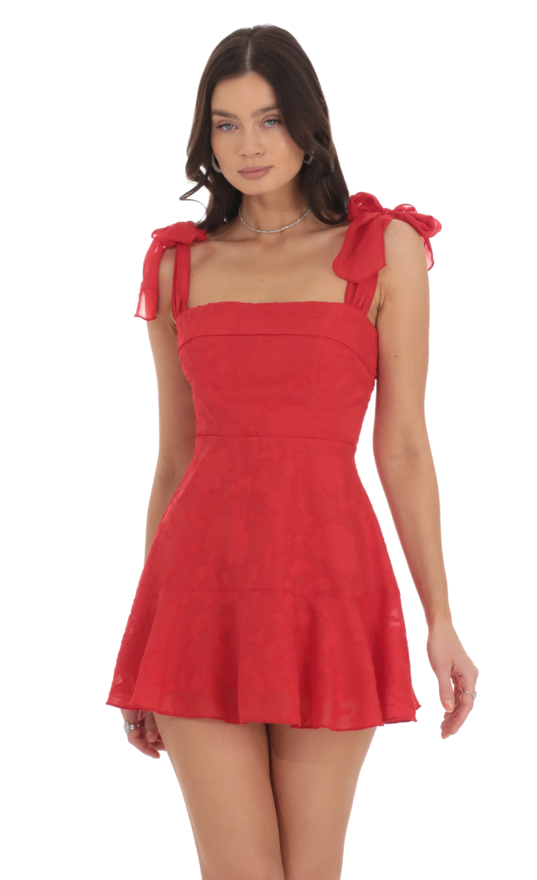 Textured Floral A-line Dress in Red