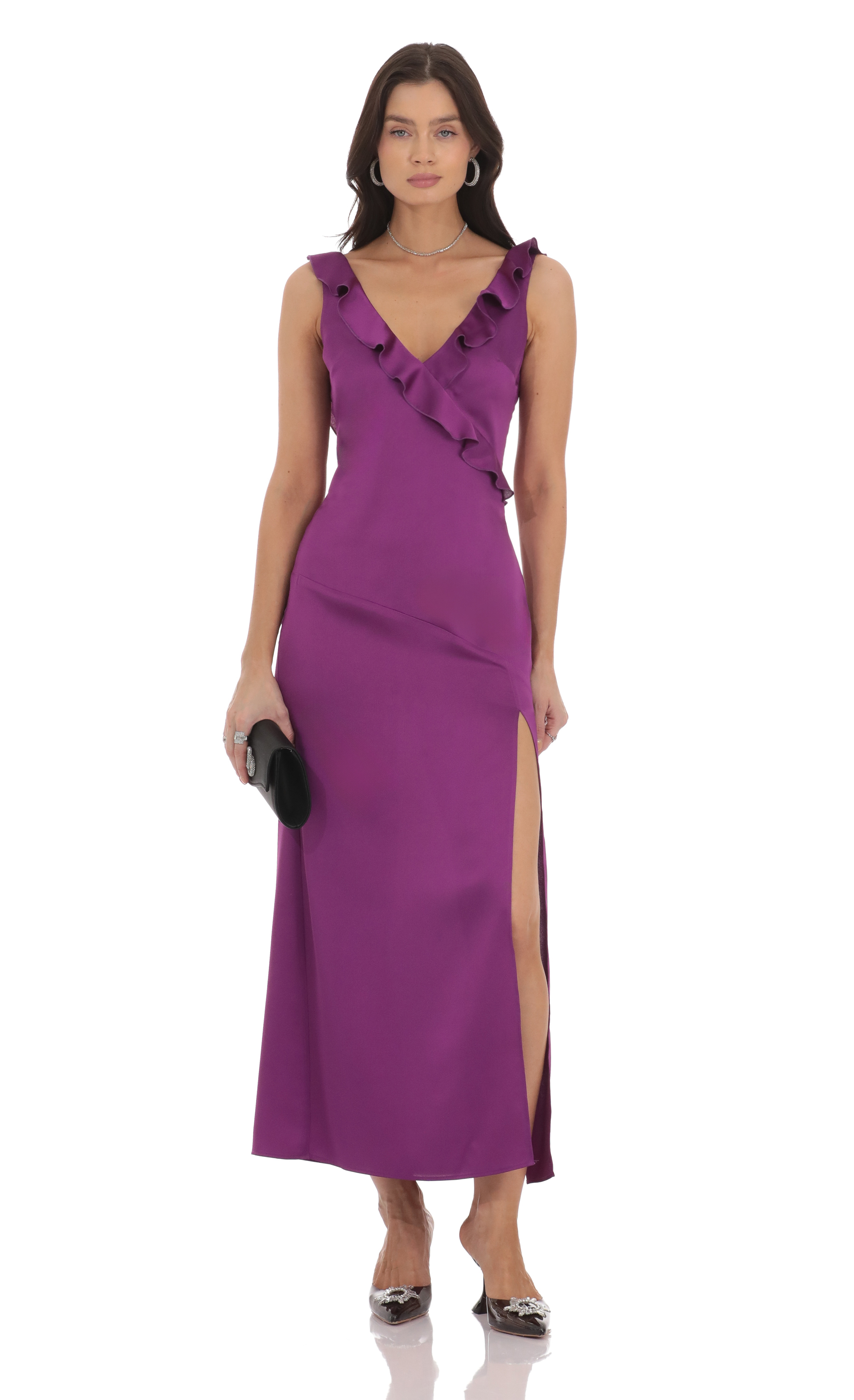 Satin V-Neck Open Back Maxi Dress in Purple