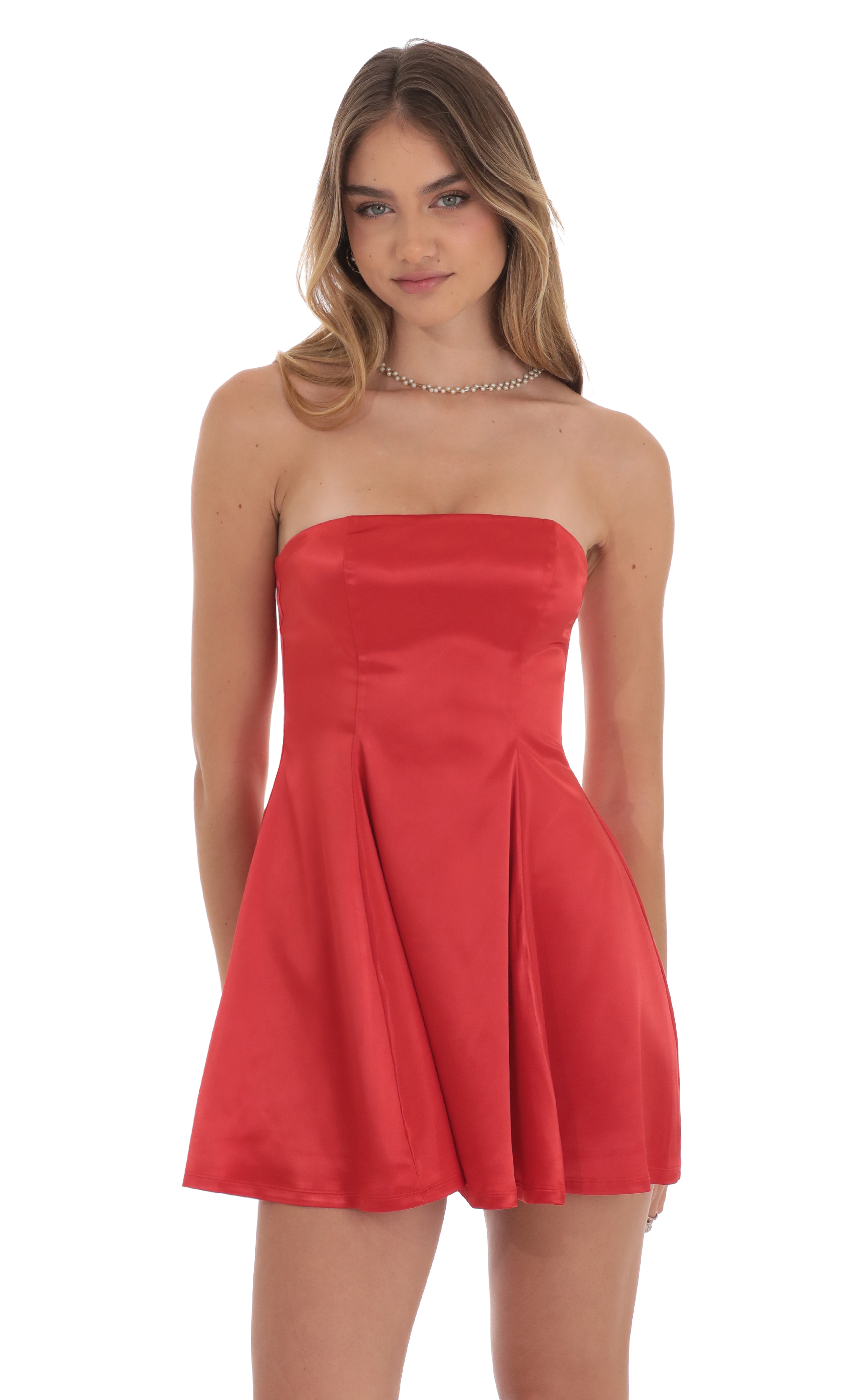 Strapless Satin Fit and Flare Dress in Red