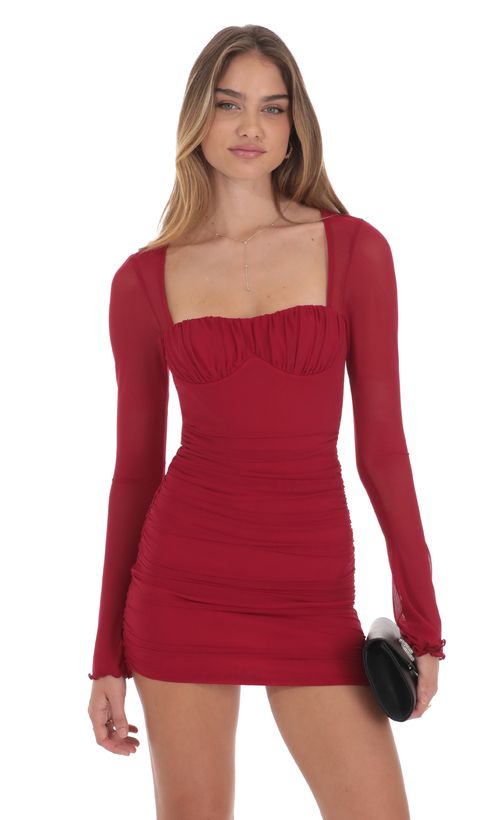 Mesh Ruched Bodycon Dress in Orange | LUCY IN THE SKY