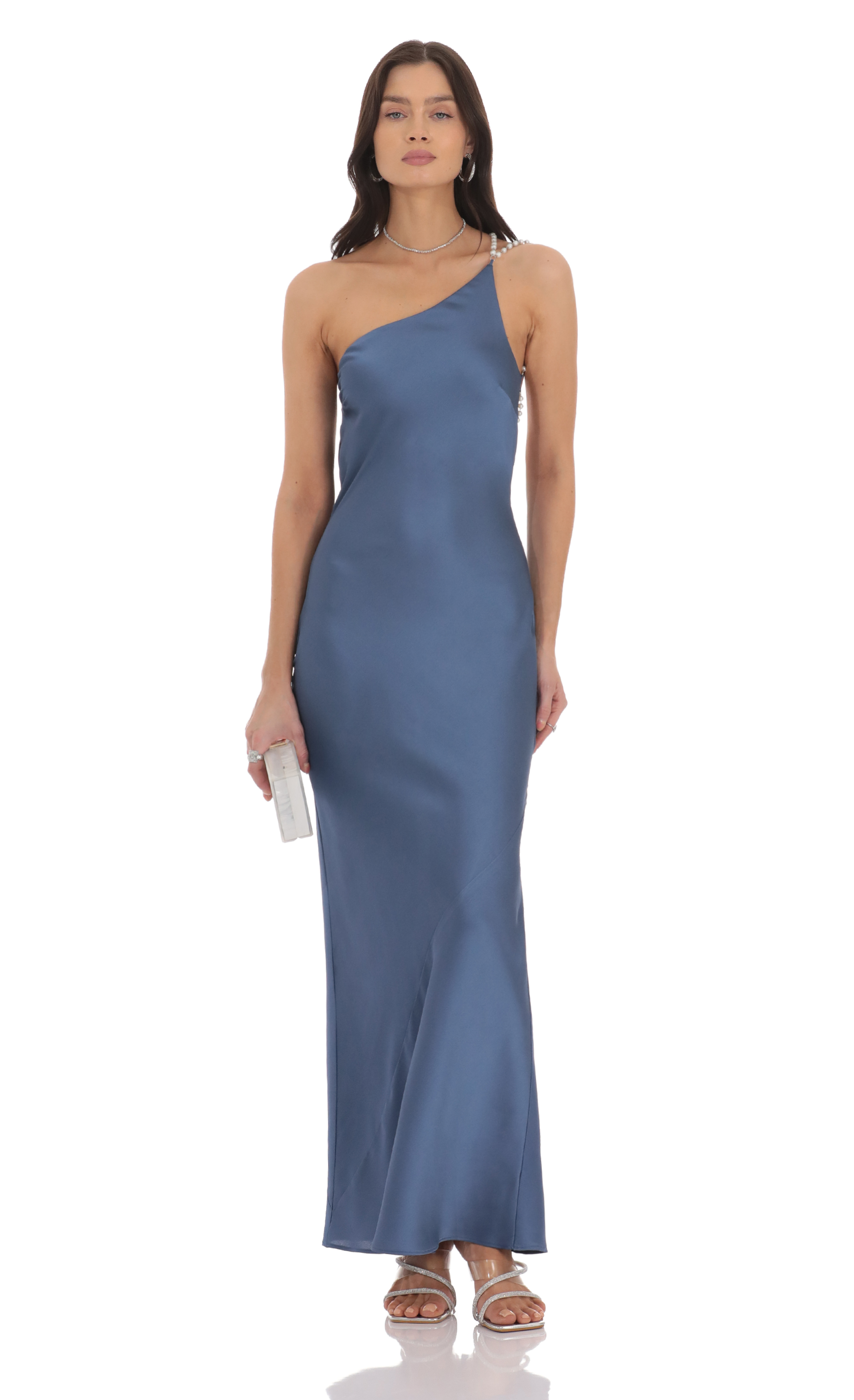 one shoulder pearl satin maxi dress in slate blue One Shoulder Pearl Satin Maxi Dress in Slate Blue