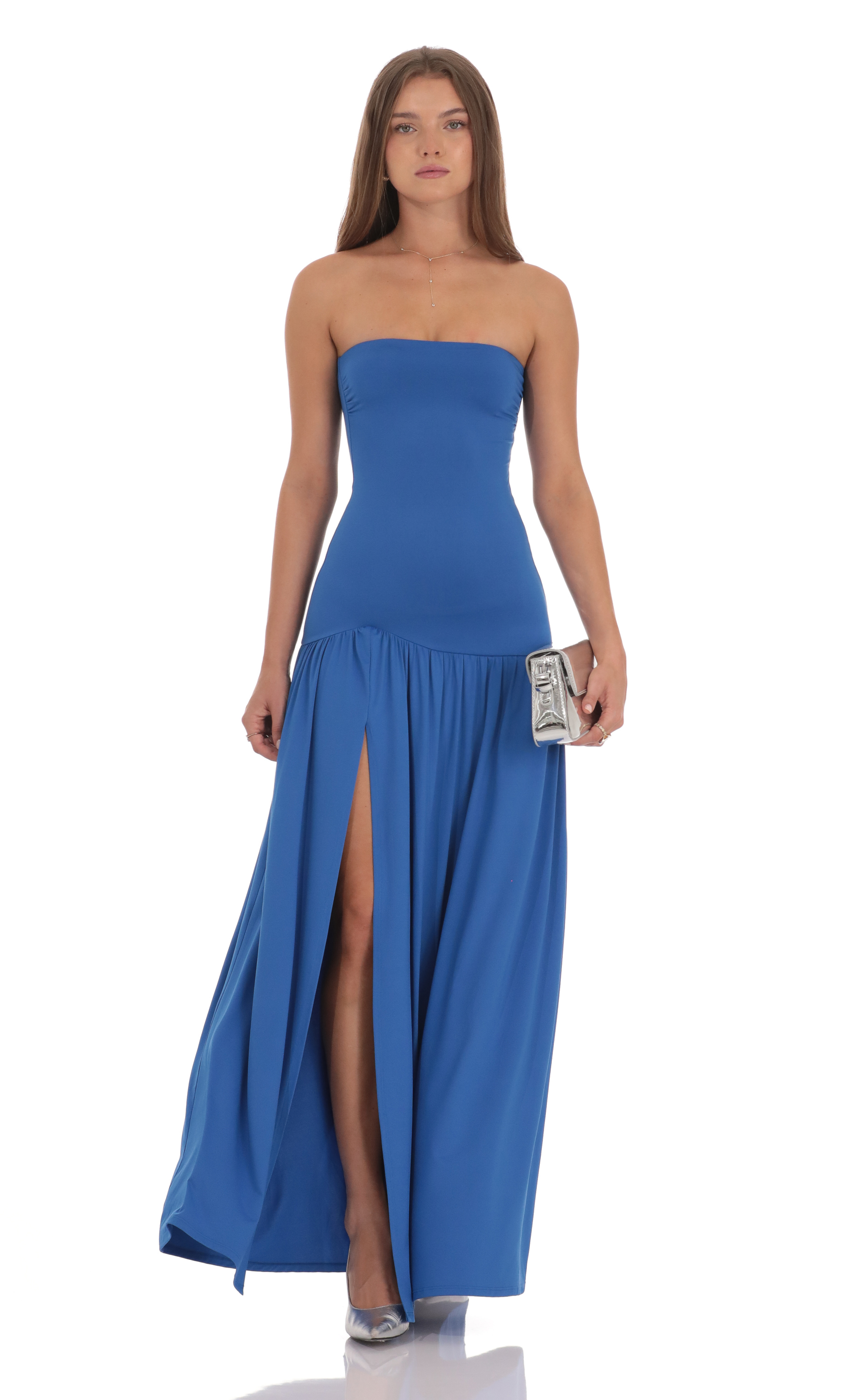 Strapless Drop Waist Maxi Dress in Blue