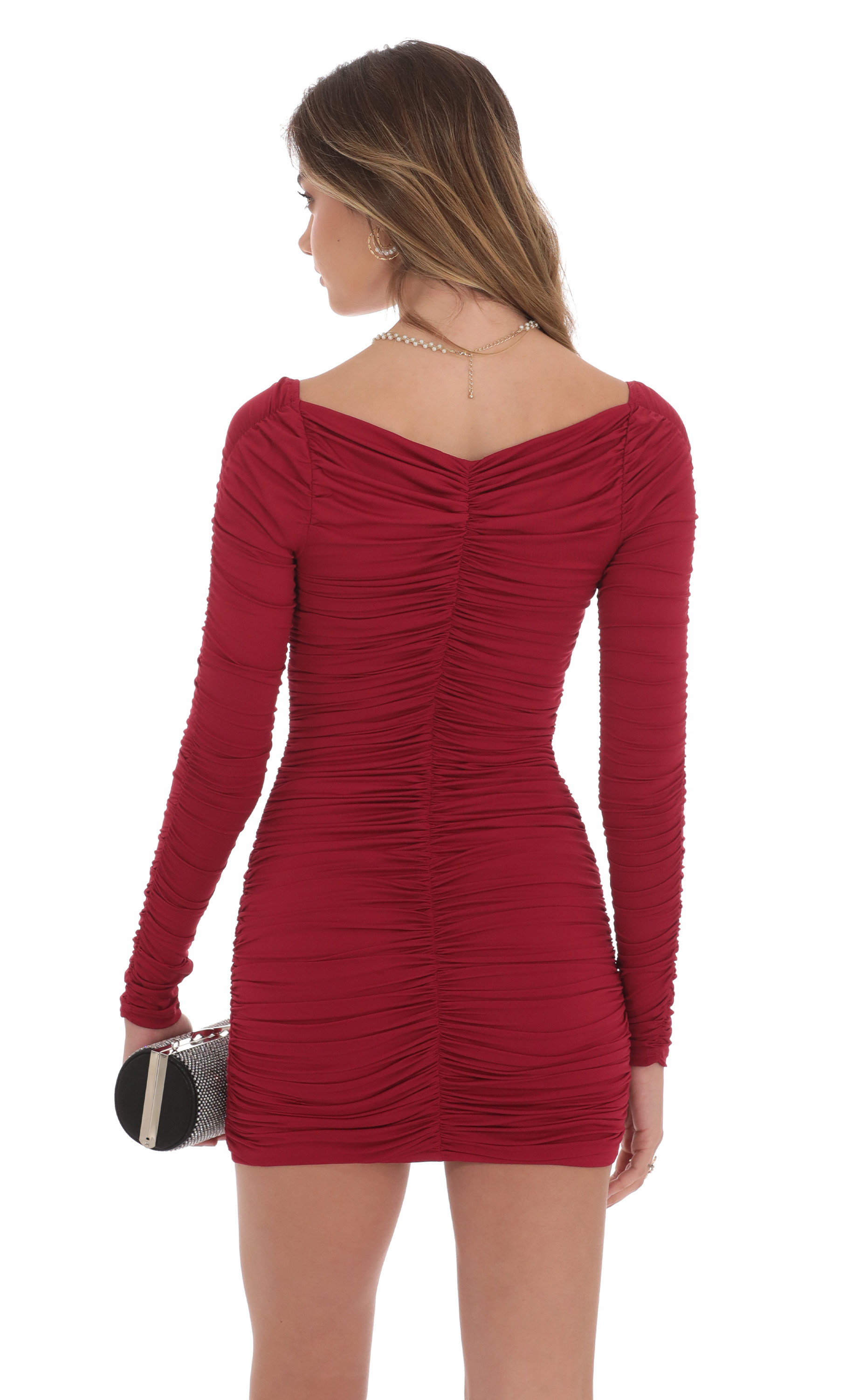 Ruched Long Sleeve Bodycon Dress In Maroon Ruched Long Sleeve Bodycon Dress In Maroon