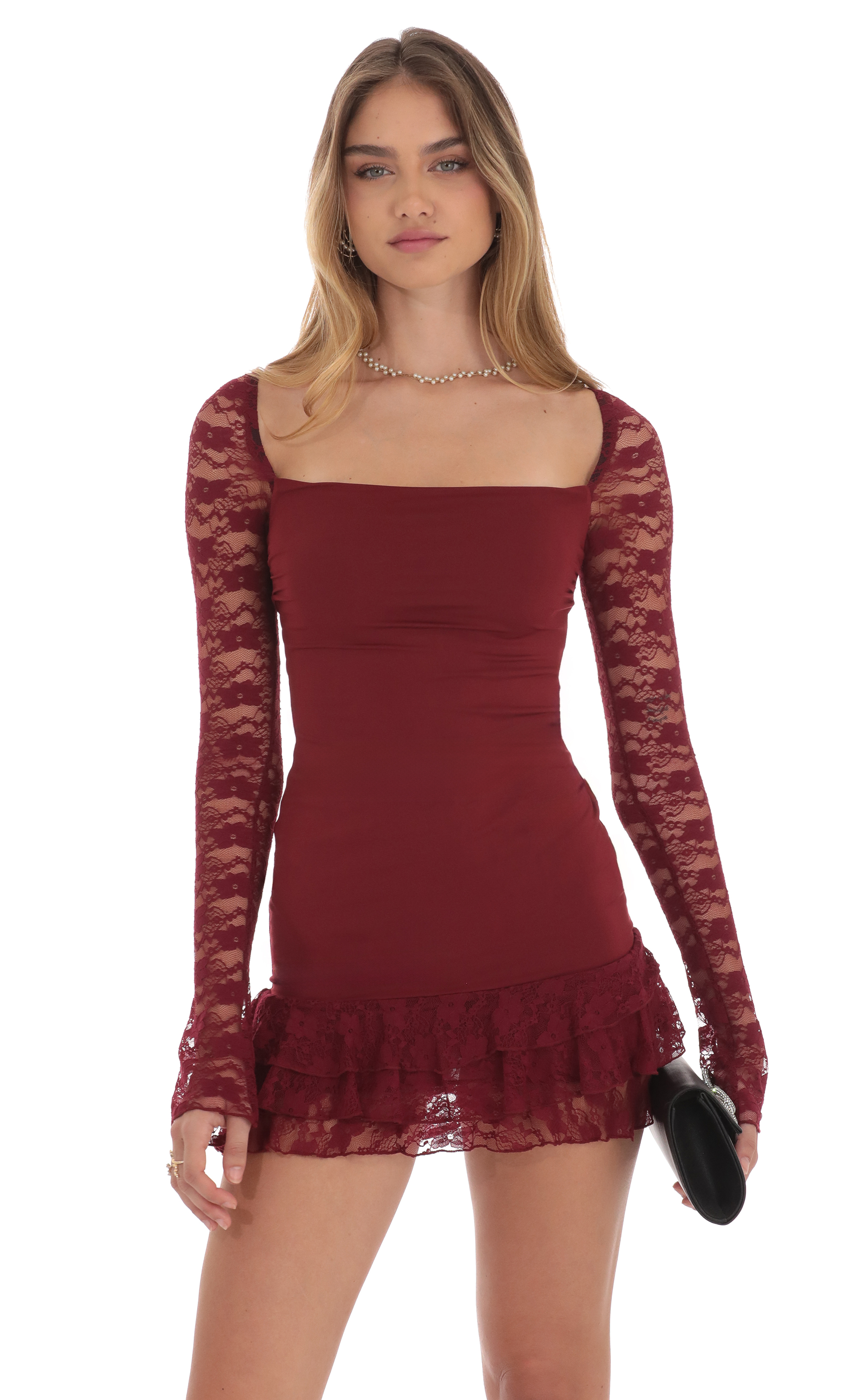 Lace Ruffle Bodycon Dress in Maroon