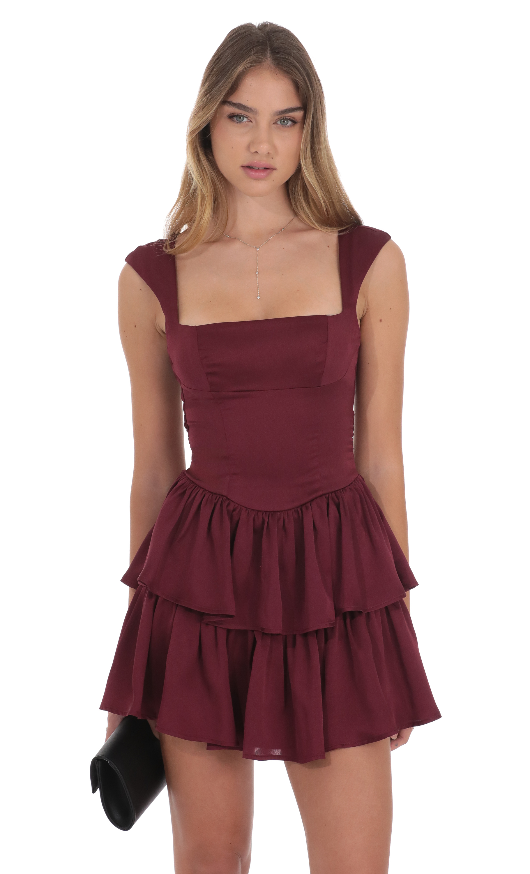 Wide Strap Ruffle Dress in Burgundy