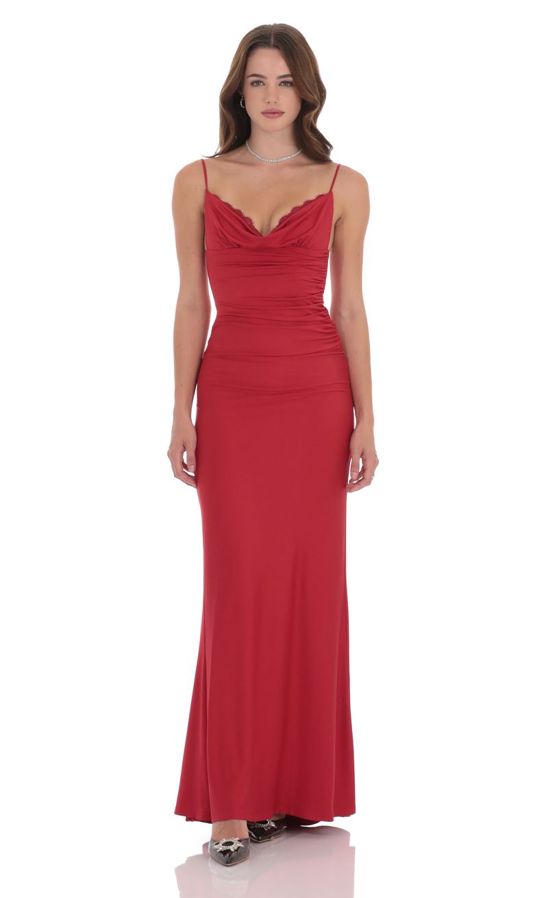 knee length dresses for ladies Korpa Red Satin Maxi Dress W/ Cowl Neck main image 0