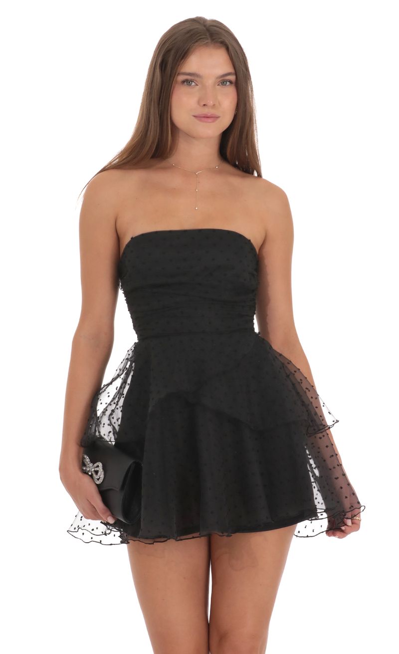Dotted Petal Ruffle Strapless Dress in Black | LUCY IN THE SKY