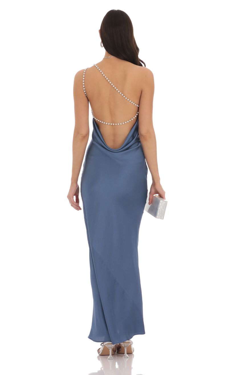 One Shoulder Pearl Satin Maxi Dress in Slate Blue | LUCY IN