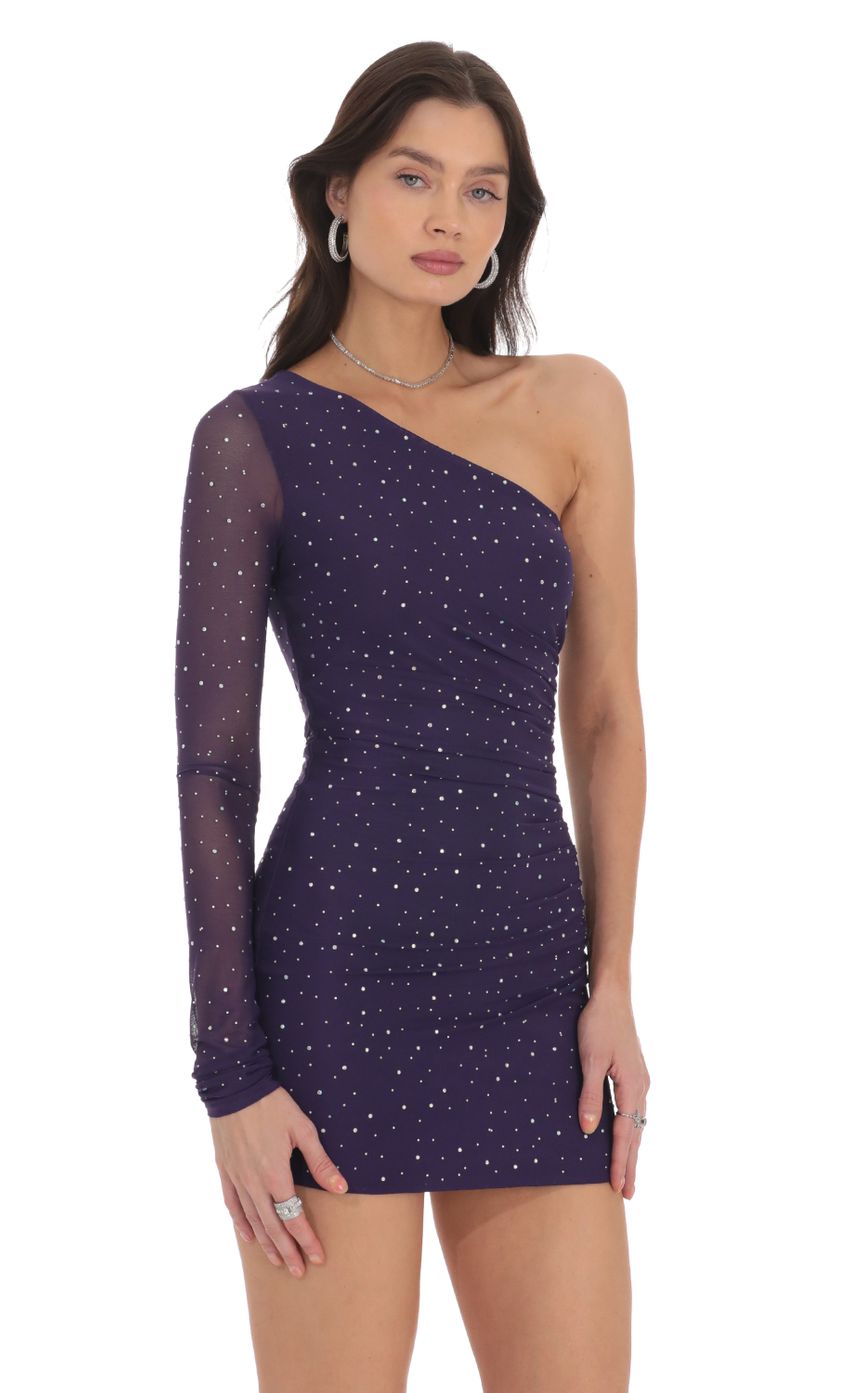 Picture One Shoulder Mesh Rhinstone Dress in Purple. Source: https://media-img.lucyinthesky.com/data/Oct24/850xAUTO/09b0747d-1ee8-4e07-8e09-9e3e9aa9f5b1.jpg