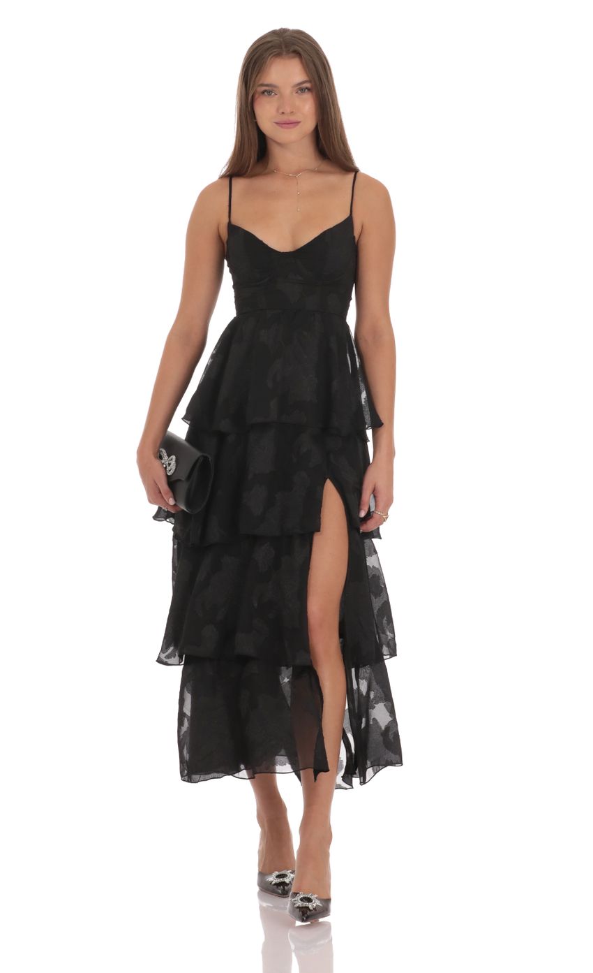 Picture Floral Ruffle A-line Maxi Dress in Black. Source: https://media-img.lucyinthesky.com/data/Oct24/850xAUTO/1048c7e6-0286-43c4-a2f5-fb66a7480326.jpg