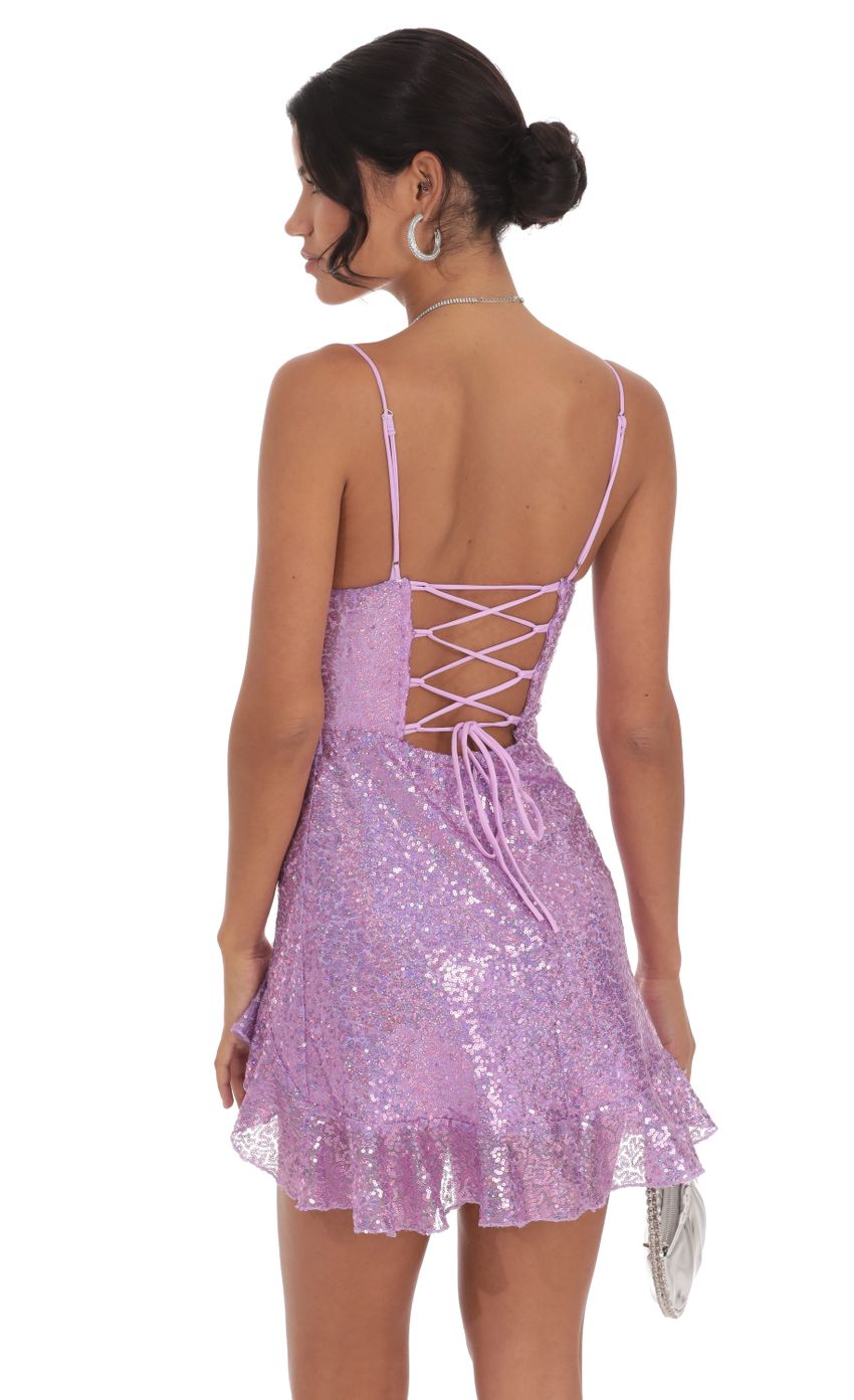 Picture Sequin Ruffled Slit Dress in Lavender. Source: https://media-img.lucyinthesky.com/data/Oct24/850xAUTO/1923e9b8-5db2-4547-847d-bbd973456969.jpg