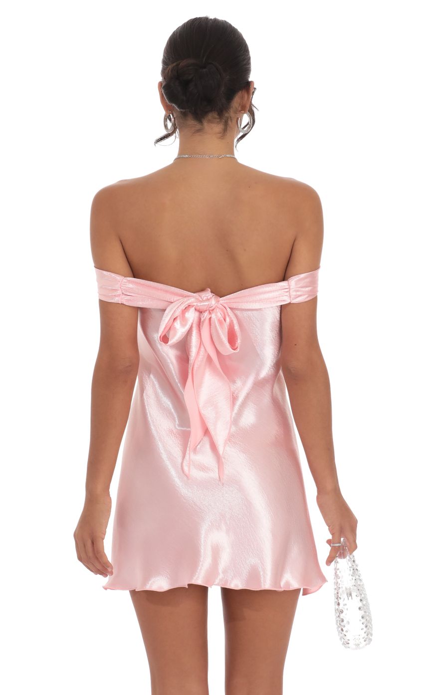 Picture Satin Off Shoulder Dress in Pink. Source: https://media-img.lucyinthesky.com/data/Oct24/850xAUTO/1b18d6e6-4985-4d5a-afae-06bcbc00f765.jpg