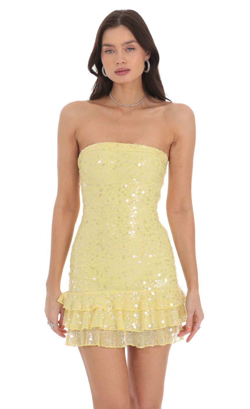 Picture Sequin Mesh Strapless Bodycon Dress in Yellow. Source: https://media-img.lucyinthesky.com/data/Oct24/850xAUTO/1d44bc33-aede-4e67-9cad-84d05431e1e7.jpg