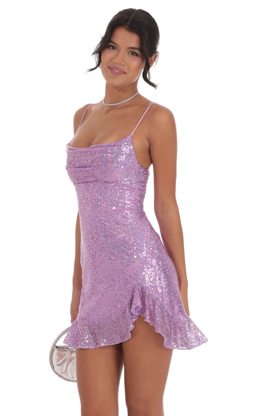 Picture Sequin Ruffled Slit Dress in Lavender. Source: https://media-img.lucyinthesky.com/data/Oct24/850xAUTO/239c2710-3521-4686-8ad5-a77b35837244.jpg