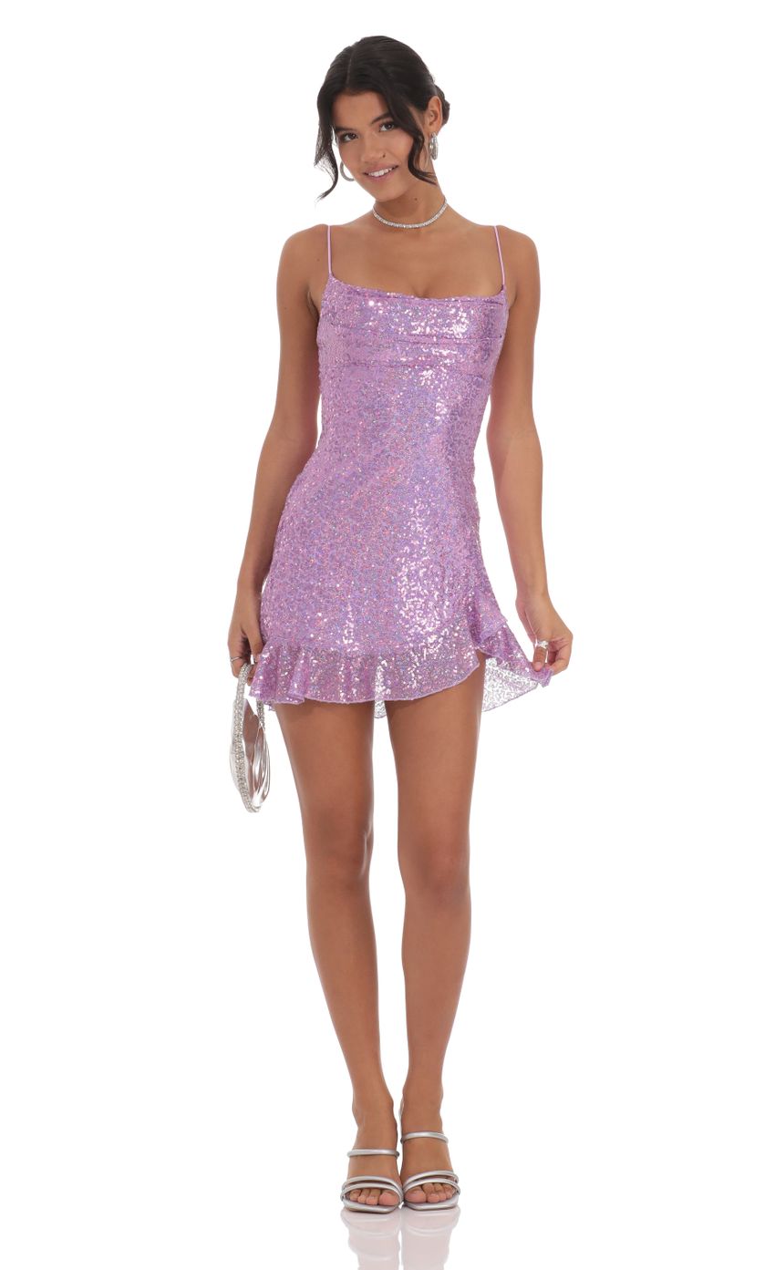 Picture Sequin Ruffled Slit Dress in Lavender. Source: https://media-img.lucyinthesky.com/data/Oct24/850xAUTO/2f77a4b5-a10d-4d63-a8c4-b03eab97eb65.jpg