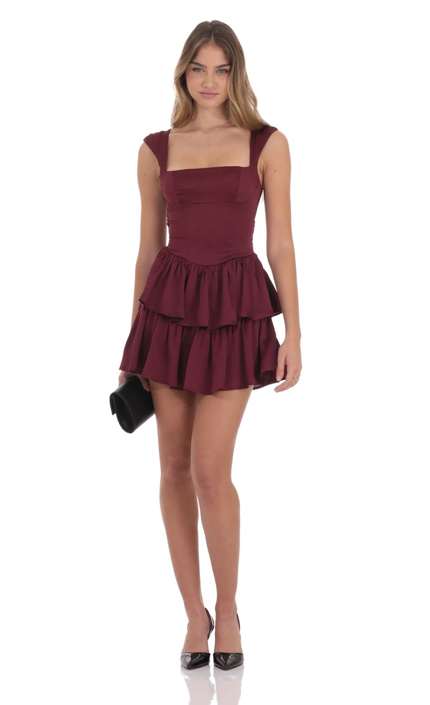 Picture Wide Strap Ruffle Dress in Burgundy. Source: https://media-img.lucyinthesky.com/data/Oct24/850xAUTO/30b1c4c8-3683-4a01-ae4a-08371d2f416a.jpg