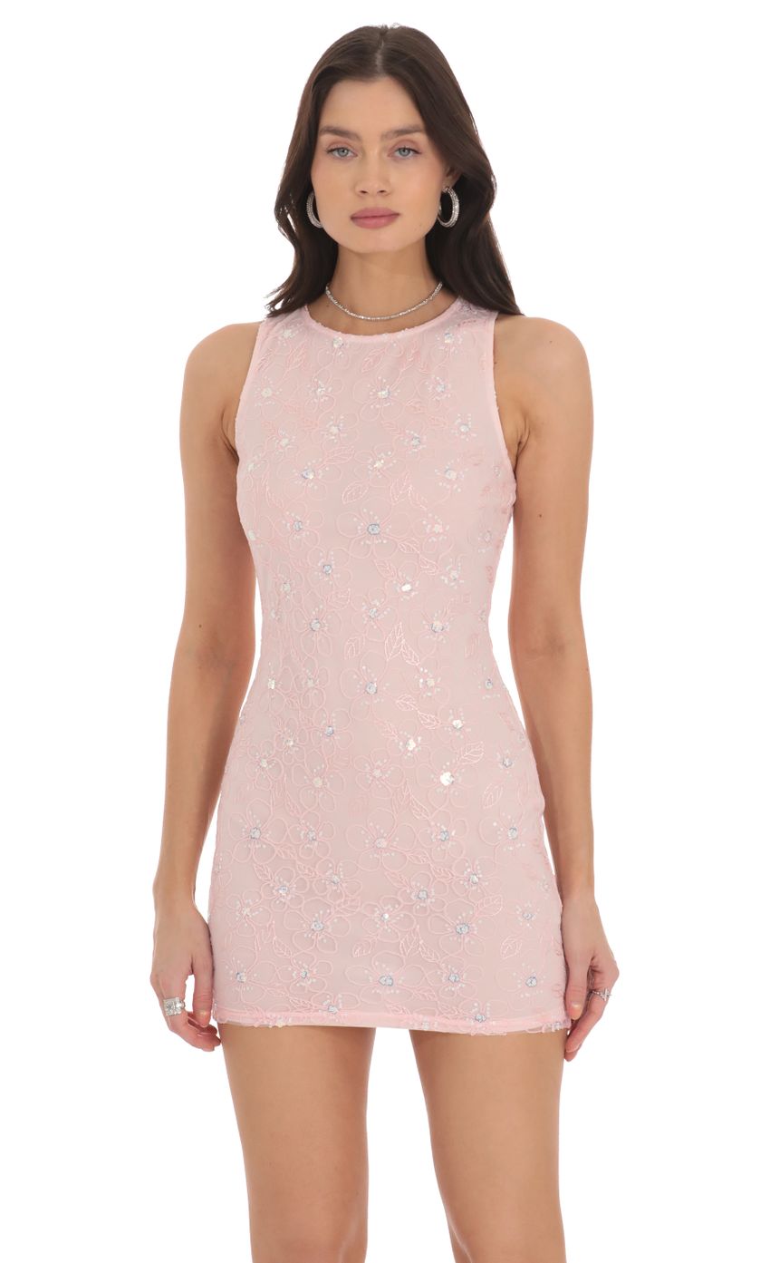 Picture High Neck Sequin Floral Dress in Pink. Source: https://media-img.lucyinthesky.com/data/Oct24/850xAUTO/3169deef-c97a-4c78-8db6-83829d899d9b.jpg