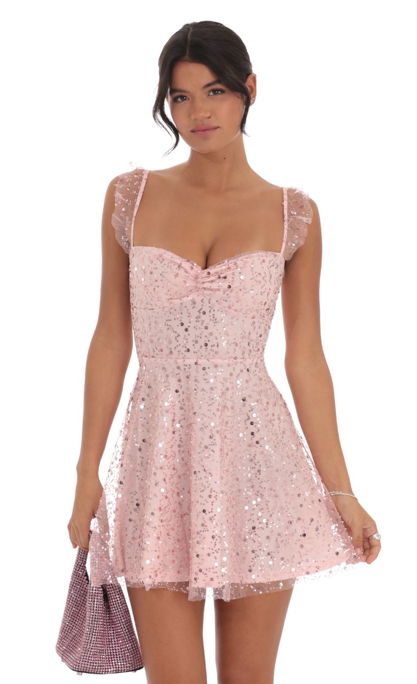 Picture Sequin Ruffle Strap A-Line Dress in Pink. Source: https://media-img.lucyinthesky.com/data/Oct24/850xAUTO/31a16010-cd20-40a3-8c82-19f00b242e05.jpg