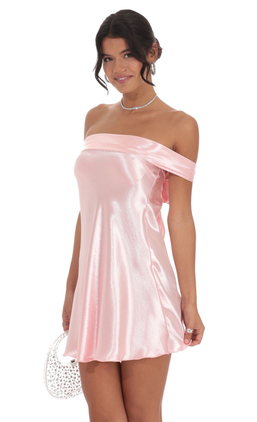 Picture Satin Off Shoulder Dress in Pink. Source: https://media-img.lucyinthesky.com/data/Oct24/850xAUTO/38cab692-134f-402a-b788-616bad4f8485.jpg