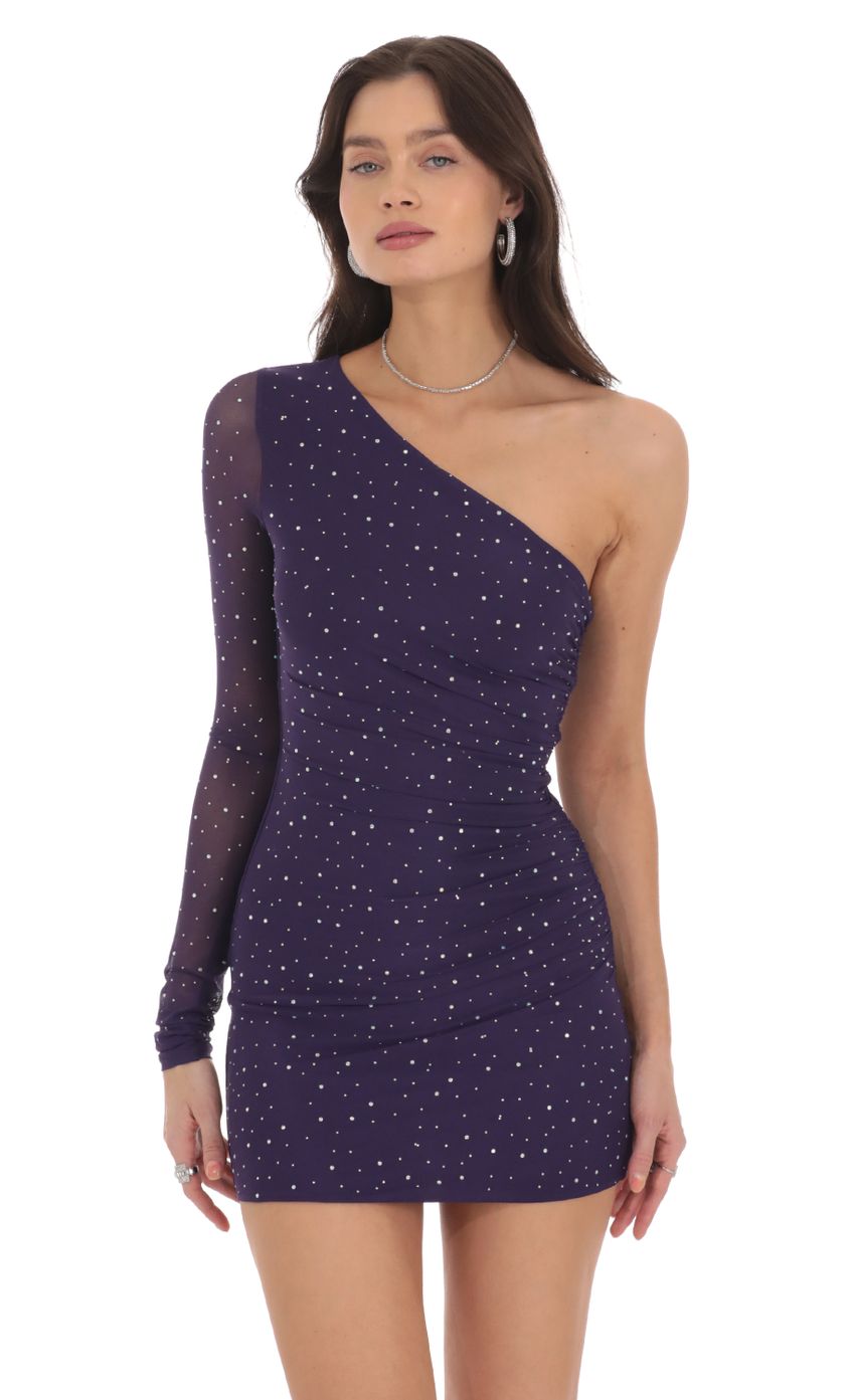 Picture One Shoulder Mesh Rhinstone Dress in Purple. Source: https://media-img.lucyinthesky.com/data/Oct24/850xAUTO/3a7166c5-1590-4a5b-b8f7-8f554278b3d4.jpg