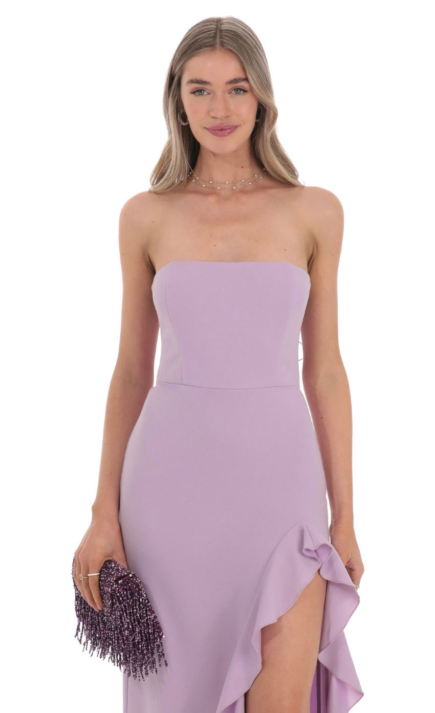 Picture Strapless Back Bow Corset Maxi Dress in Lavender. Source: https://media-img.lucyinthesky.com/data/Oct24/850xAUTO/4b3e4da3-b622-4284-b281-d26eebeee478.jpg