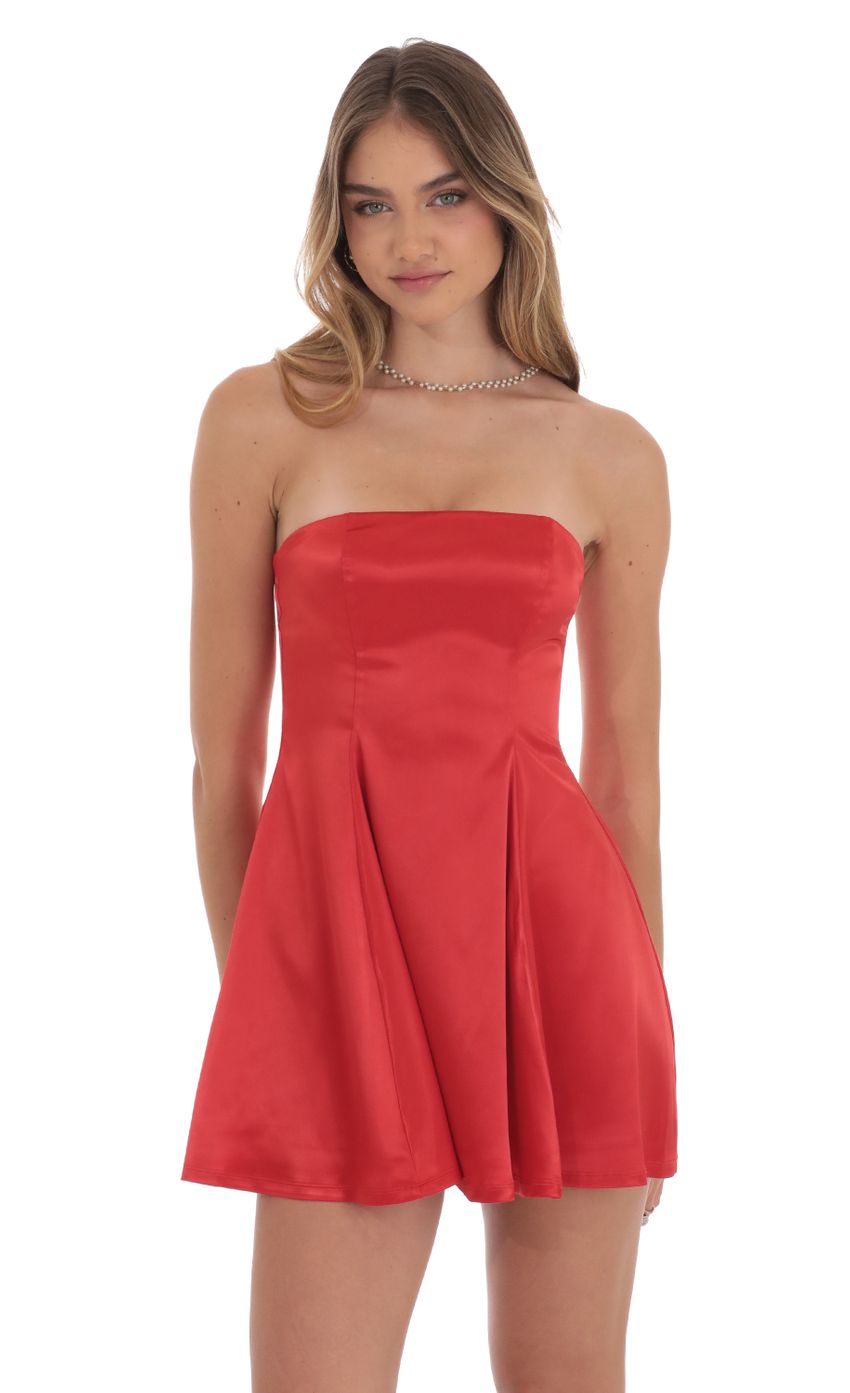 Picture Strapless Satin Fit and Flare Dress in Red. Source: https://media-img.lucyinthesky.com/data/Oct24/850xAUTO/4f5c26ad-f63b-4009-9357-e78a84e1335b.jpg