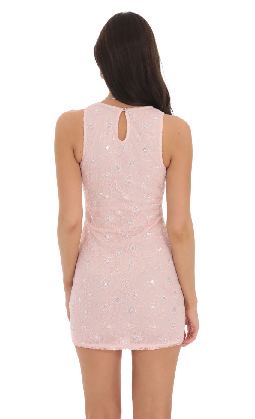 Picture High Neck Sequin Floral Dress in Pink. Source: https://media-img.lucyinthesky.com/data/Oct24/850xAUTO/50e3901f-9e52-414d-907d-8f89b847b1c2.jpg