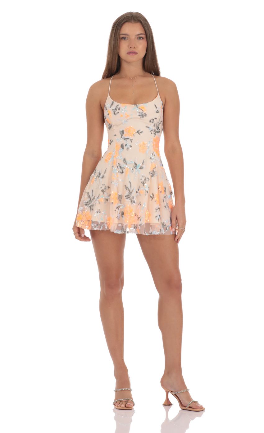 Picture Sequin Floral Mini Dress in Cream. Source: https://media-img.lucyinthesky.com/data/Oct24/850xAUTO/5441ea47-668b-417a-a4a5-4a27a9ba13c5.jpg