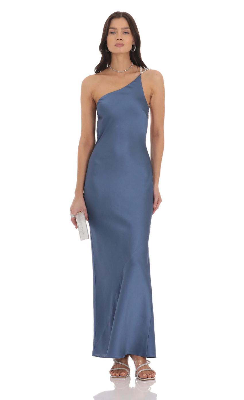 Picture One Shoulder Pearl Satin Maxi Dress in Slate Blue. Source: https://media-img.lucyinthesky.com/data/Oct24/850xAUTO/555bdb8a-3105-4174-8d08-fb6a2c459233.jpg