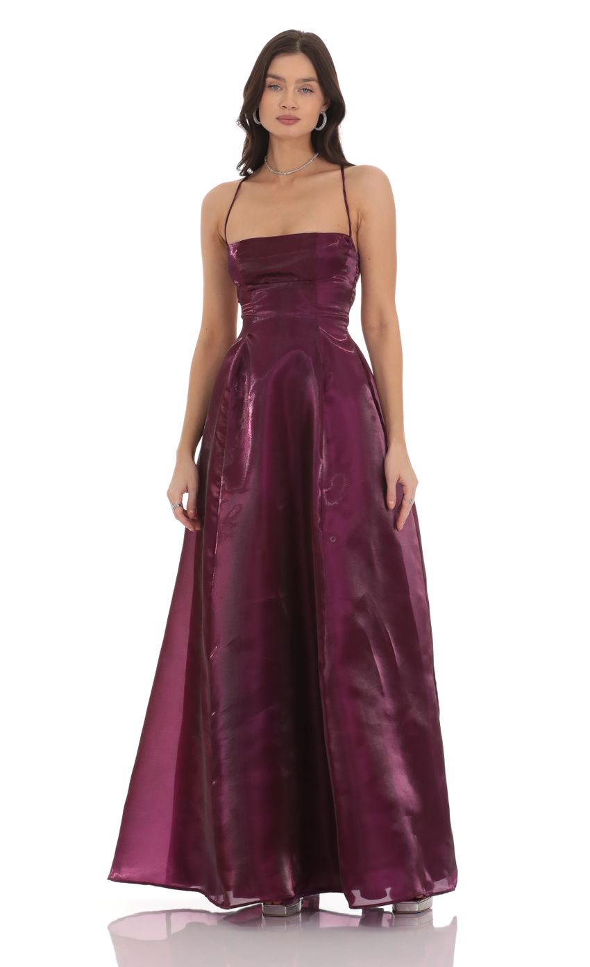 Picture Sheen Fit and Flare Maxi Dress in Purple. Source: https://media-img.lucyinthesky.com/data/Oct24/850xAUTO/5f337e6f-59e6-41bc-9979-2565135ad27c.jpg