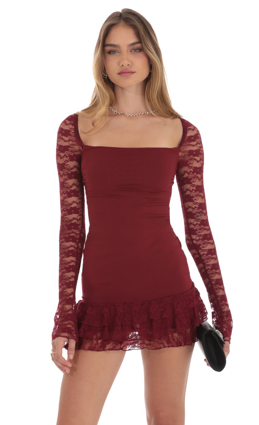 Picture Lace Ruffle Bodycon Dress in Maroon. Source: https://media-img.lucyinthesky.com/data/Oct24/850xAUTO/7ab9f7dd-273e-4258-a7f2-54ca1a7f975f.jpg