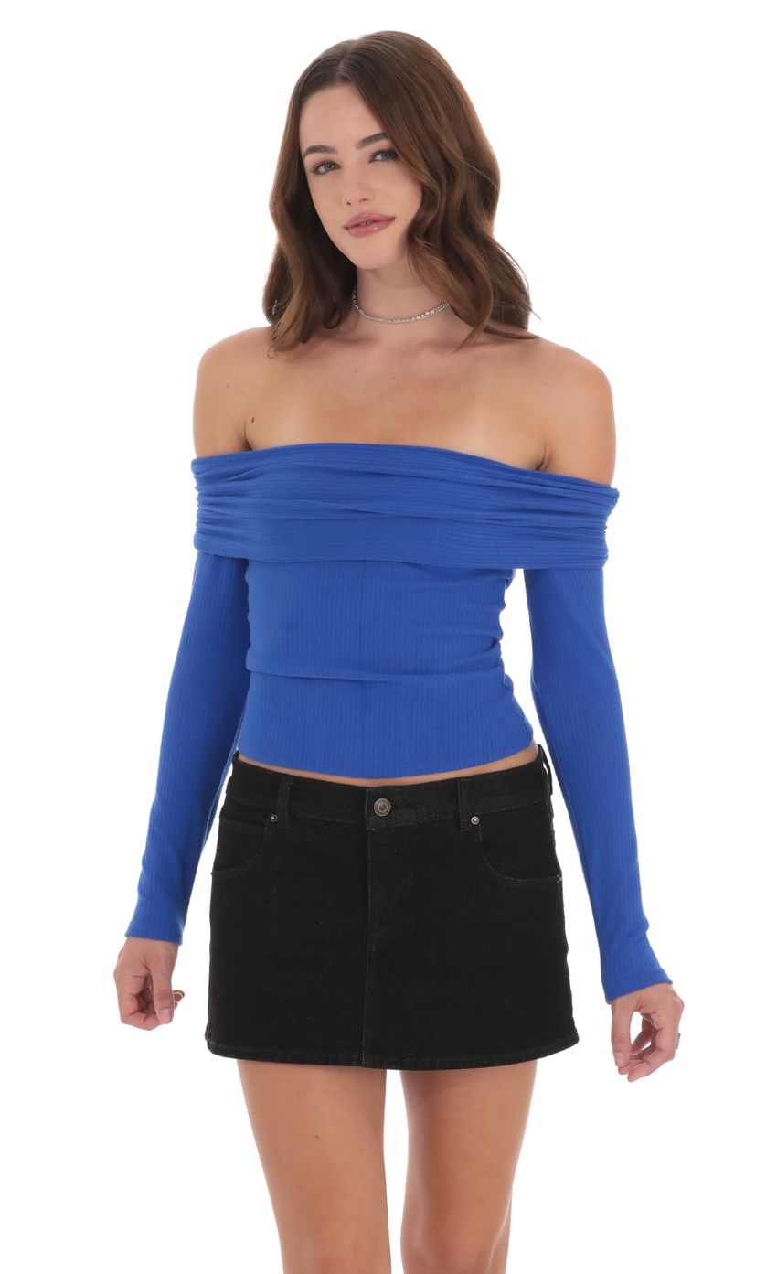 Picture Ribbed Off Shoulder Back Tie Top in Blue. Source: https://media-img.lucyinthesky.com/data/Oct24/850xAUTO/7fc912c3-0686-475c-ba02-0a423ab12da5.jpg