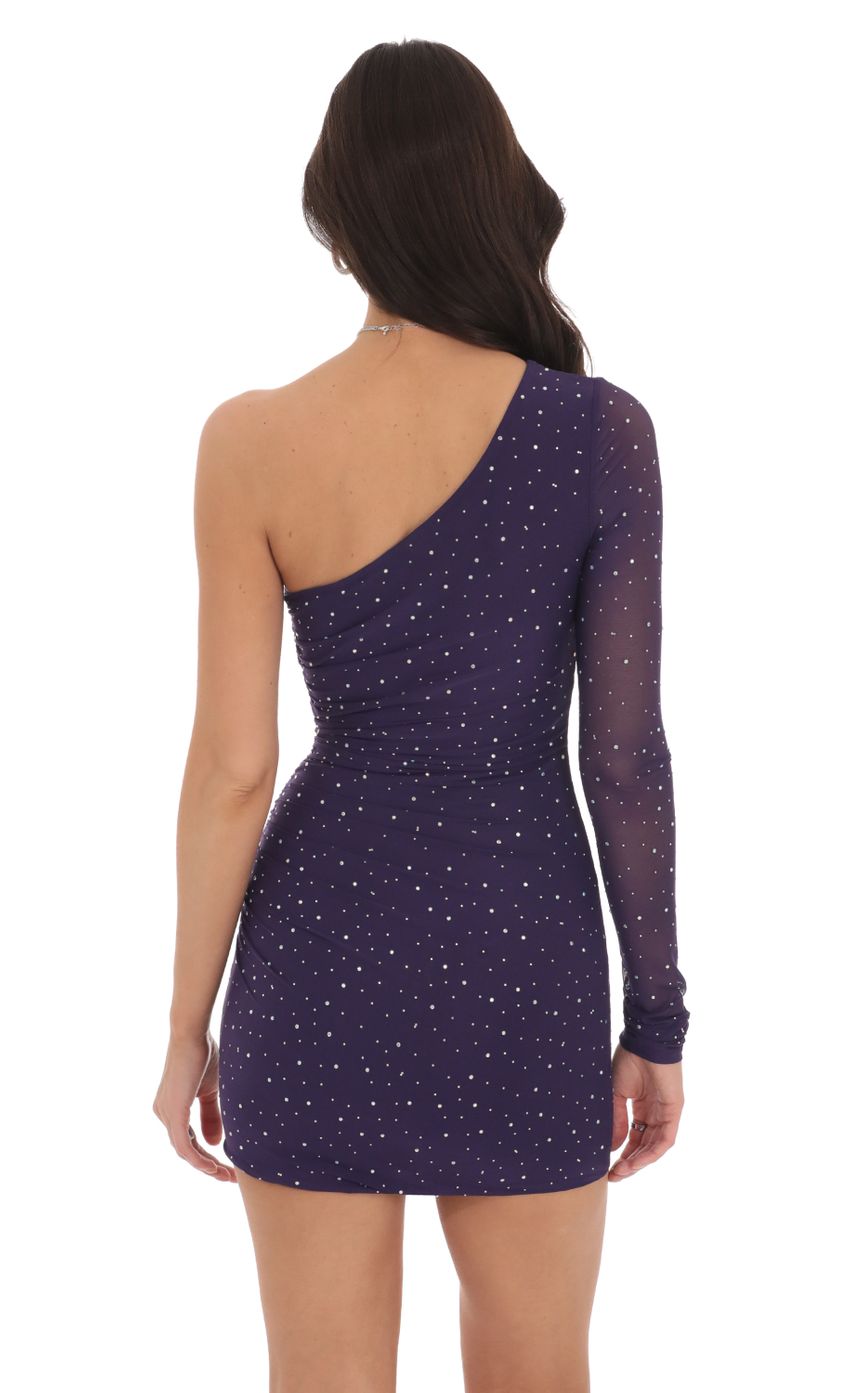 Picture One Shoulder Mesh Rhinstone Dress in Purple. Source: https://media-img.lucyinthesky.com/data/Oct24/850xAUTO/89275d12-46e4-46dd-96d2-7a09983b3c53.jpg