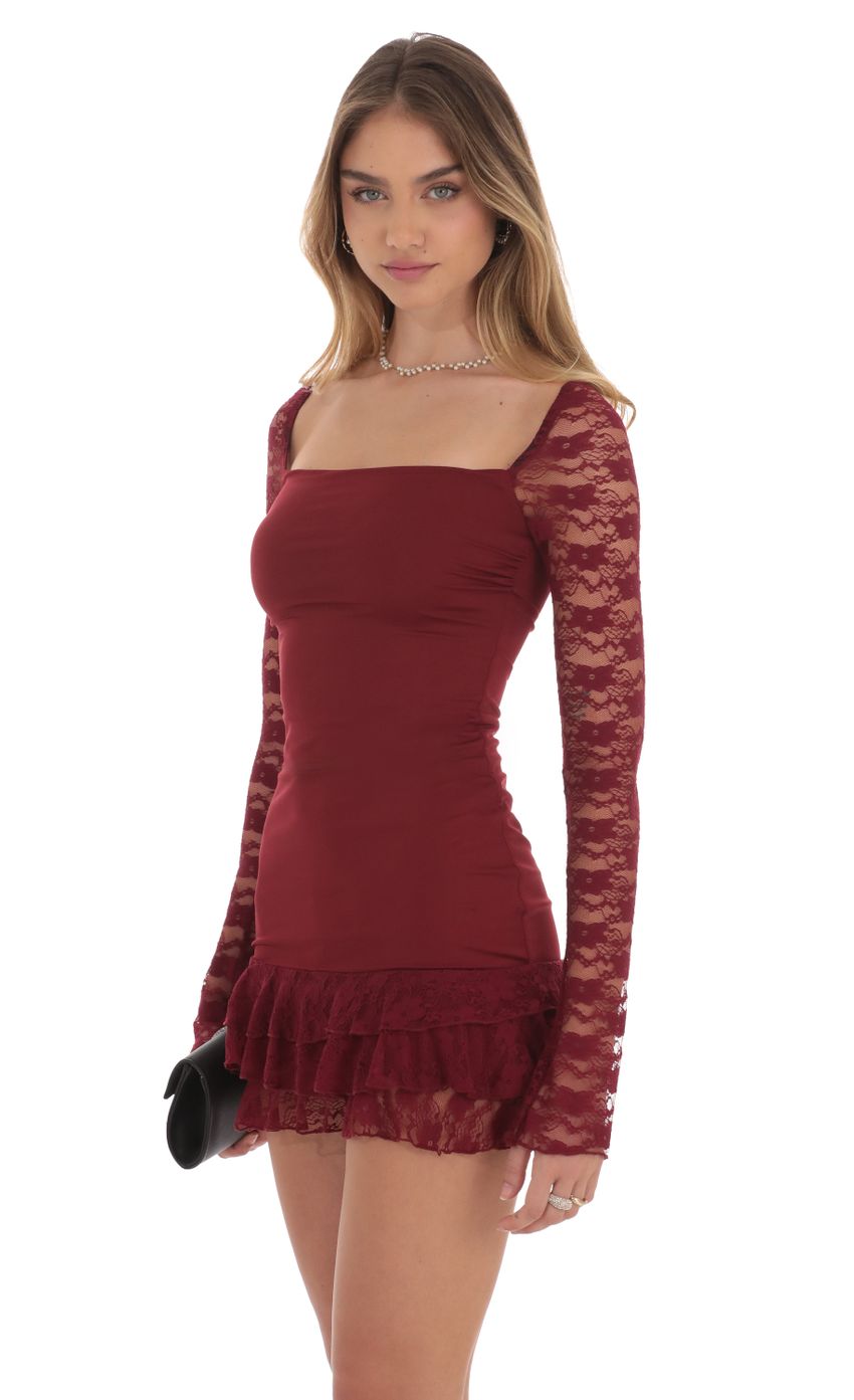 Picture Lace Ruffle Bodycon Dress in Maroon. Source: https://media-img.lucyinthesky.com/data/Oct24/850xAUTO/8aa46d45-e3ae-4528-b4da-51da20ae6268.jpg